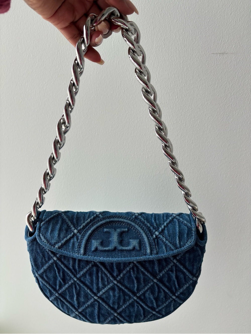 Tory Burch Fleming Soft Denim Mini Crescent Bag